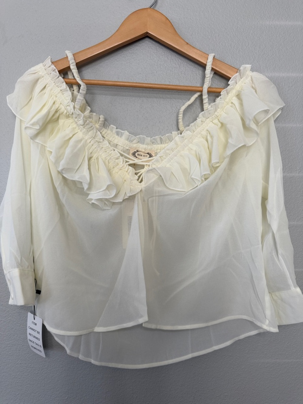 Mia Joy Fairycore Off-Shoulder Ruffle Cream Blouse with Braided Straps Med